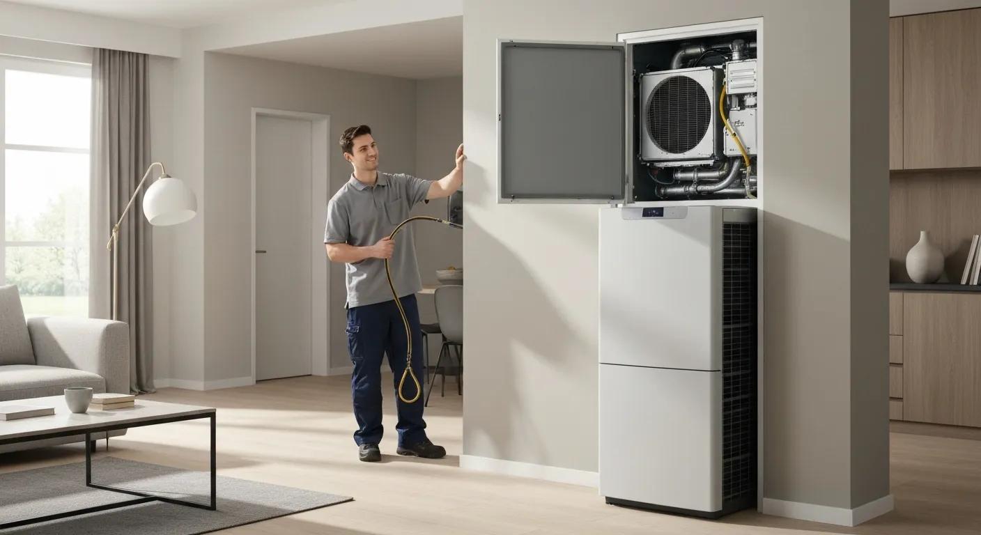 Modern HVAC system in a residential setting with a technician performing maintenance