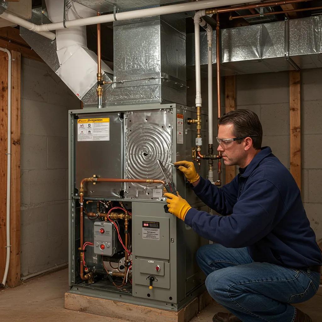 Technician inspecting a furnace in a residential basement, focusing on safety and efficiency