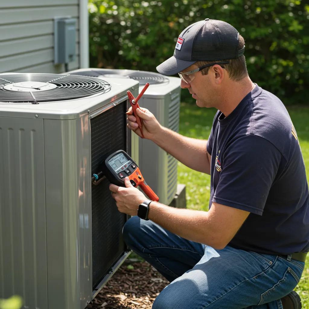 Technician performing a seasonal AC tune-up outdoors, emphasizing maintenance importance