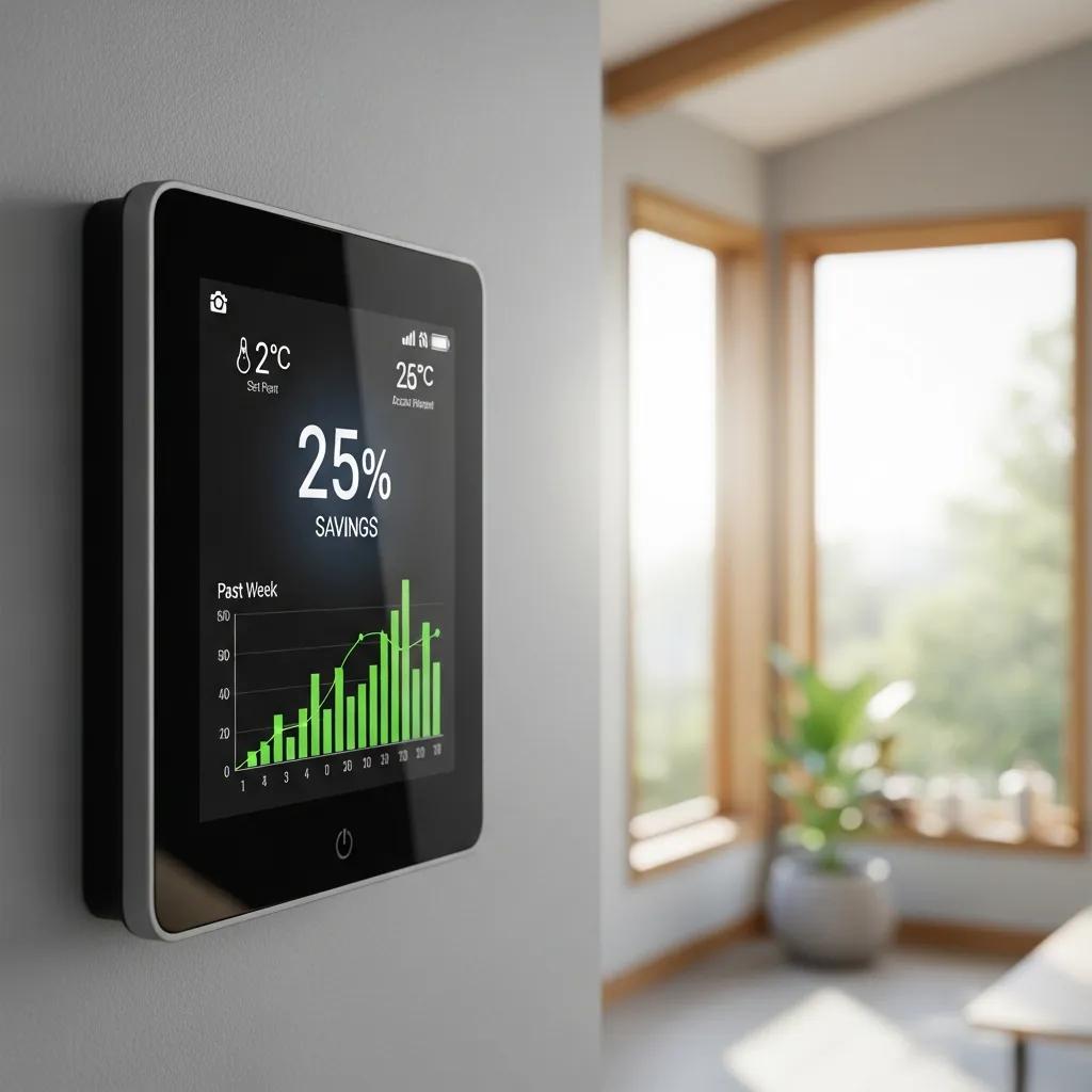 Smart thermostat showing energy savings data in a well-insulated home